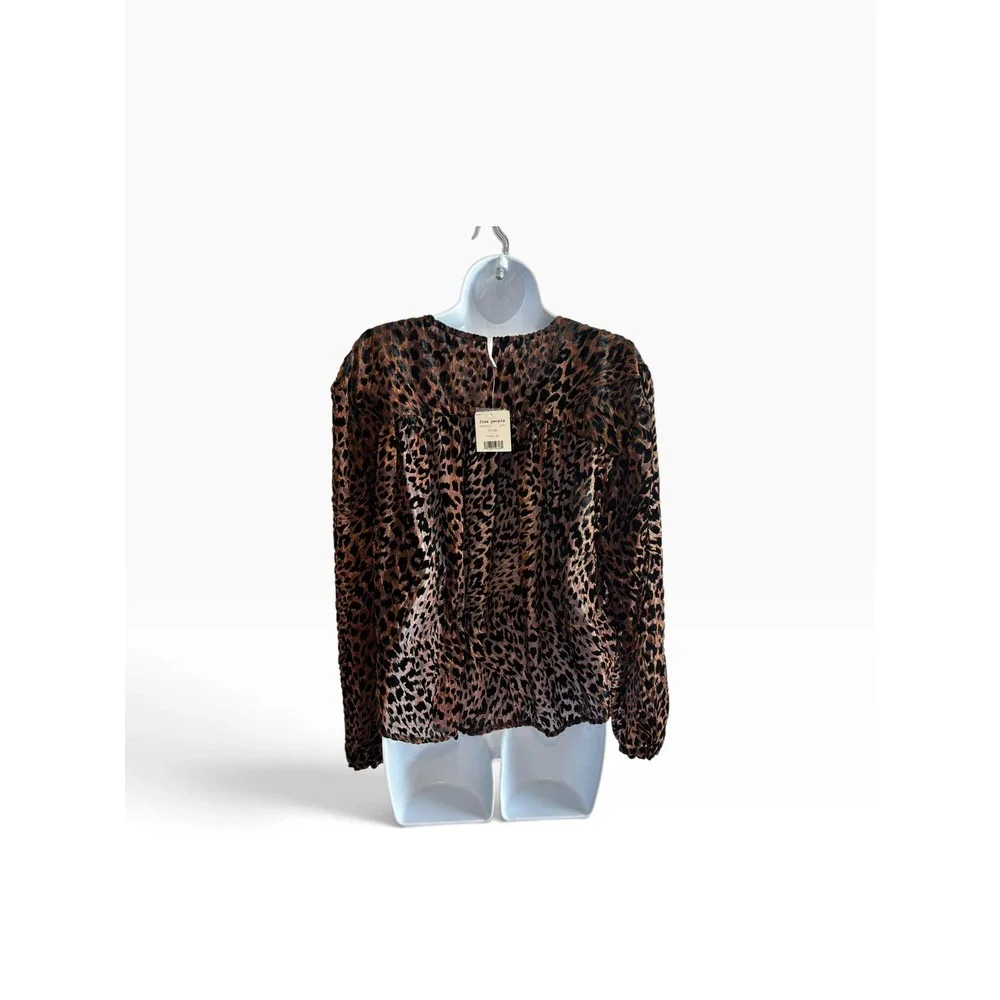 Free People Blouse XS Beige Leopard Print Velvet Burnout Button Front NWT